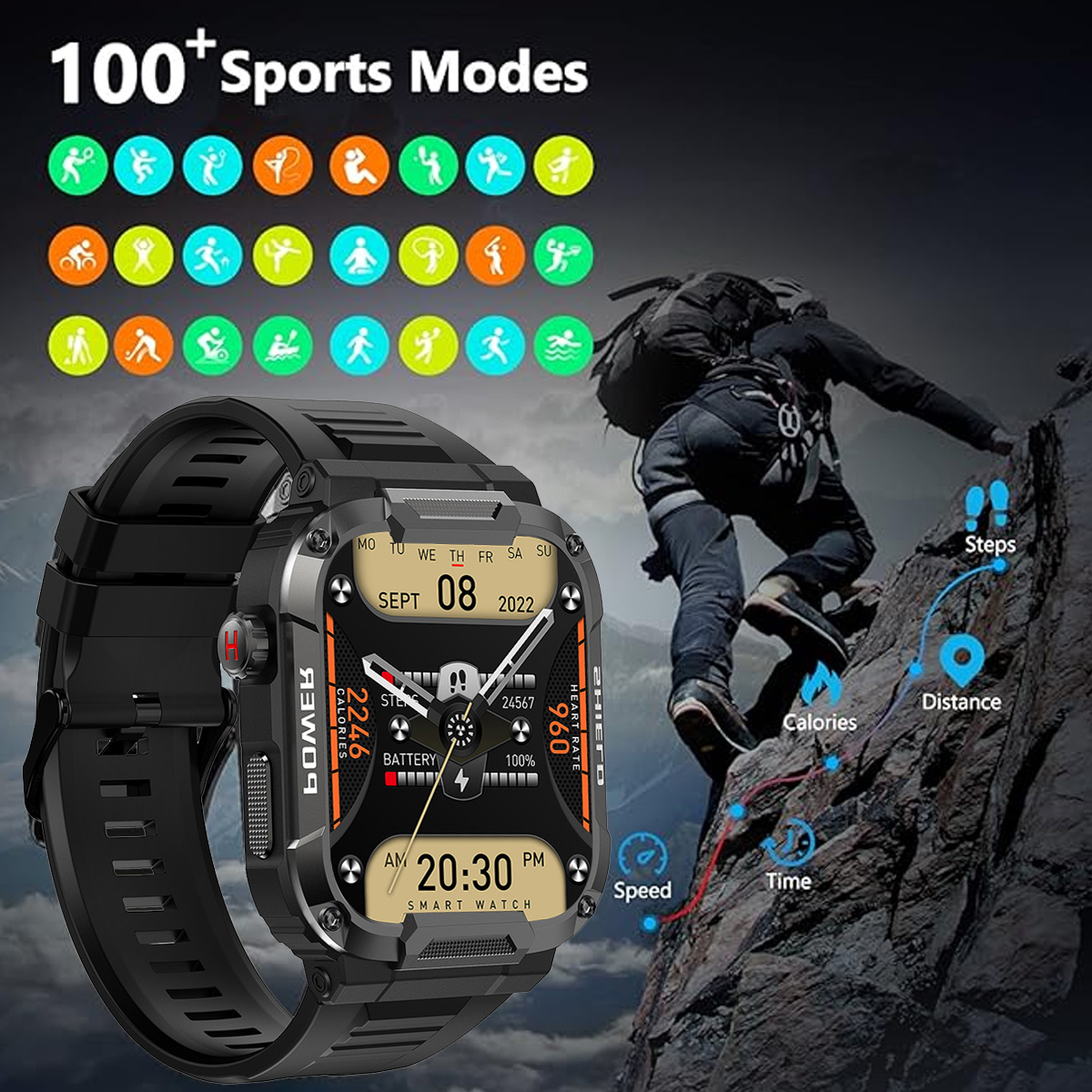 Eine schwarze Smartwatch mit Anzeige von Datum und Uhrzeit, mit Sportmodi.