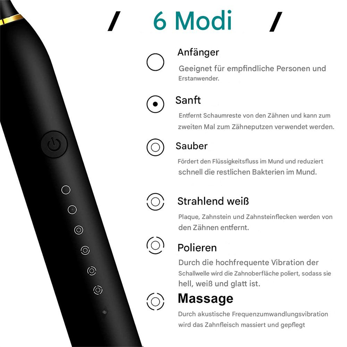 Eine elektrische Zahnbürste mit sechs Modi. Sie ist schwarz mit weißem Text, der die Modi beschreibt.