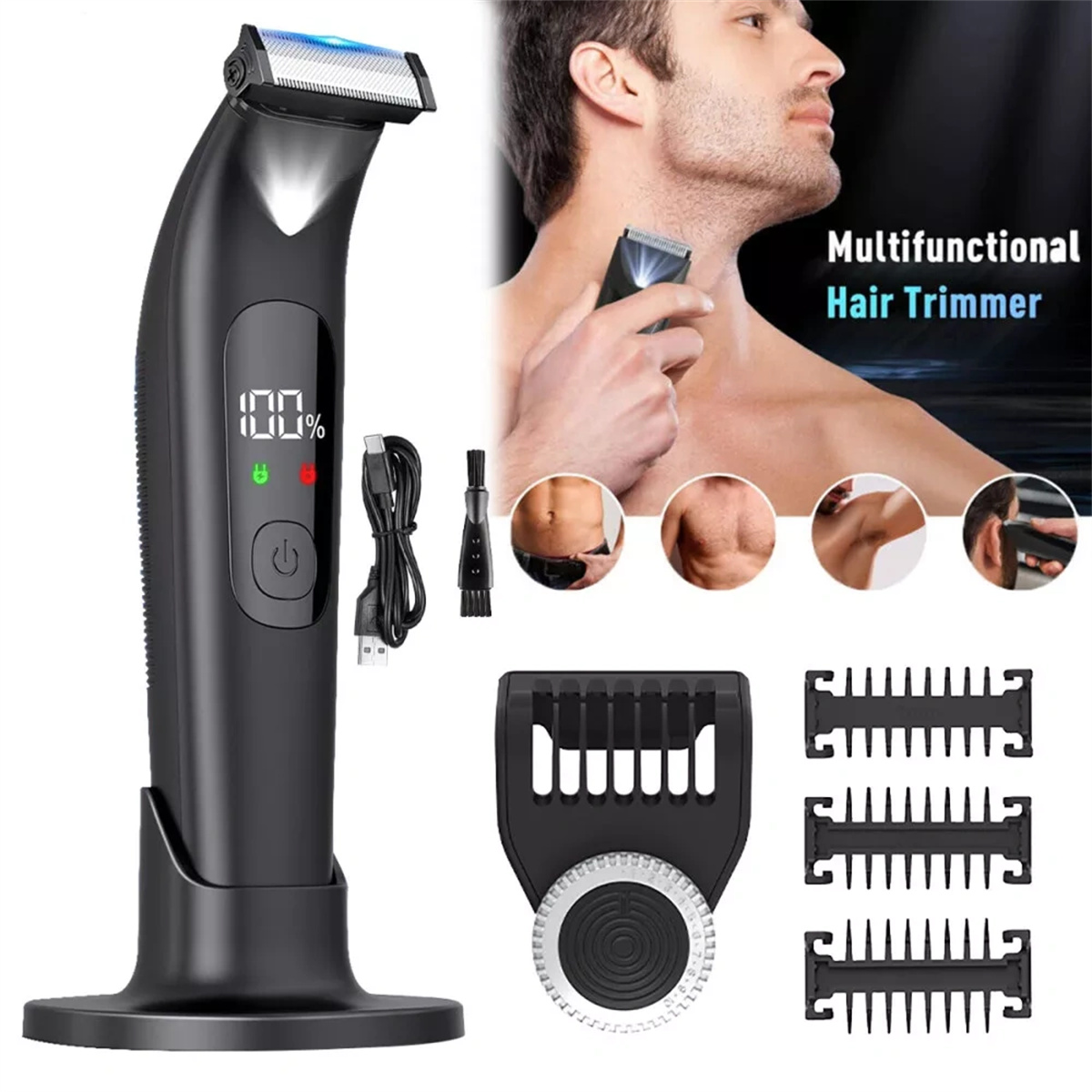 Schwarzer Haartrimmer mit Zubehör und einem Mann mit rasierten Körperteilen im Hintergrund.