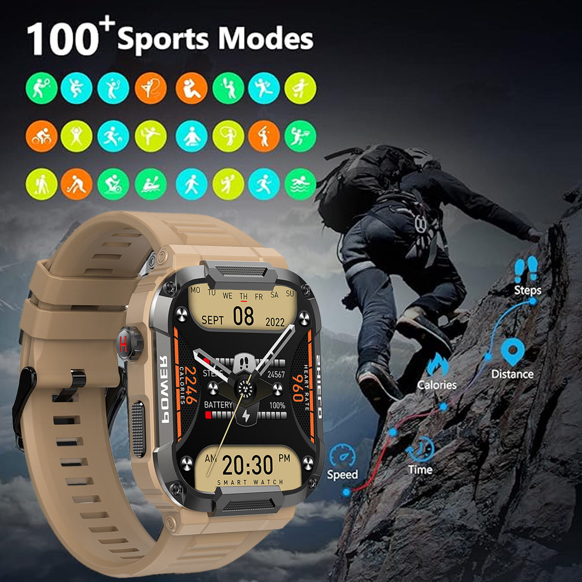 Eine Smartwatch mit beigem Armband, die ein digitales Display mit Sportmodus-Symbolen zeigt.