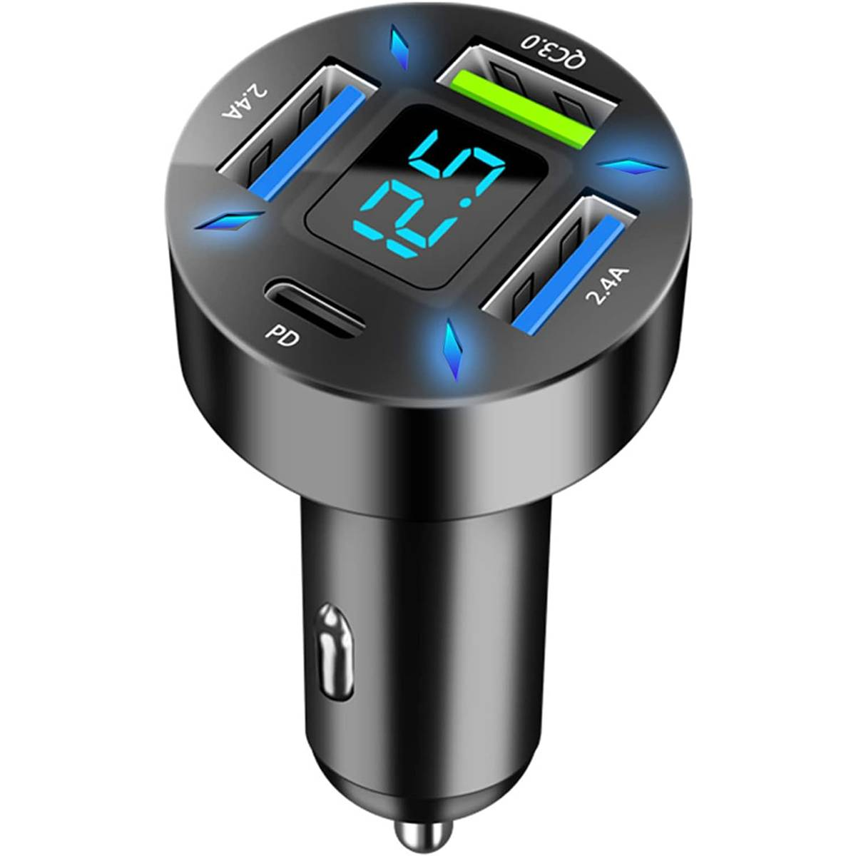 Schwarzes und silbernes Autoladegerät mit mehreren USB-Anschlüssen und Digitalanzeige.