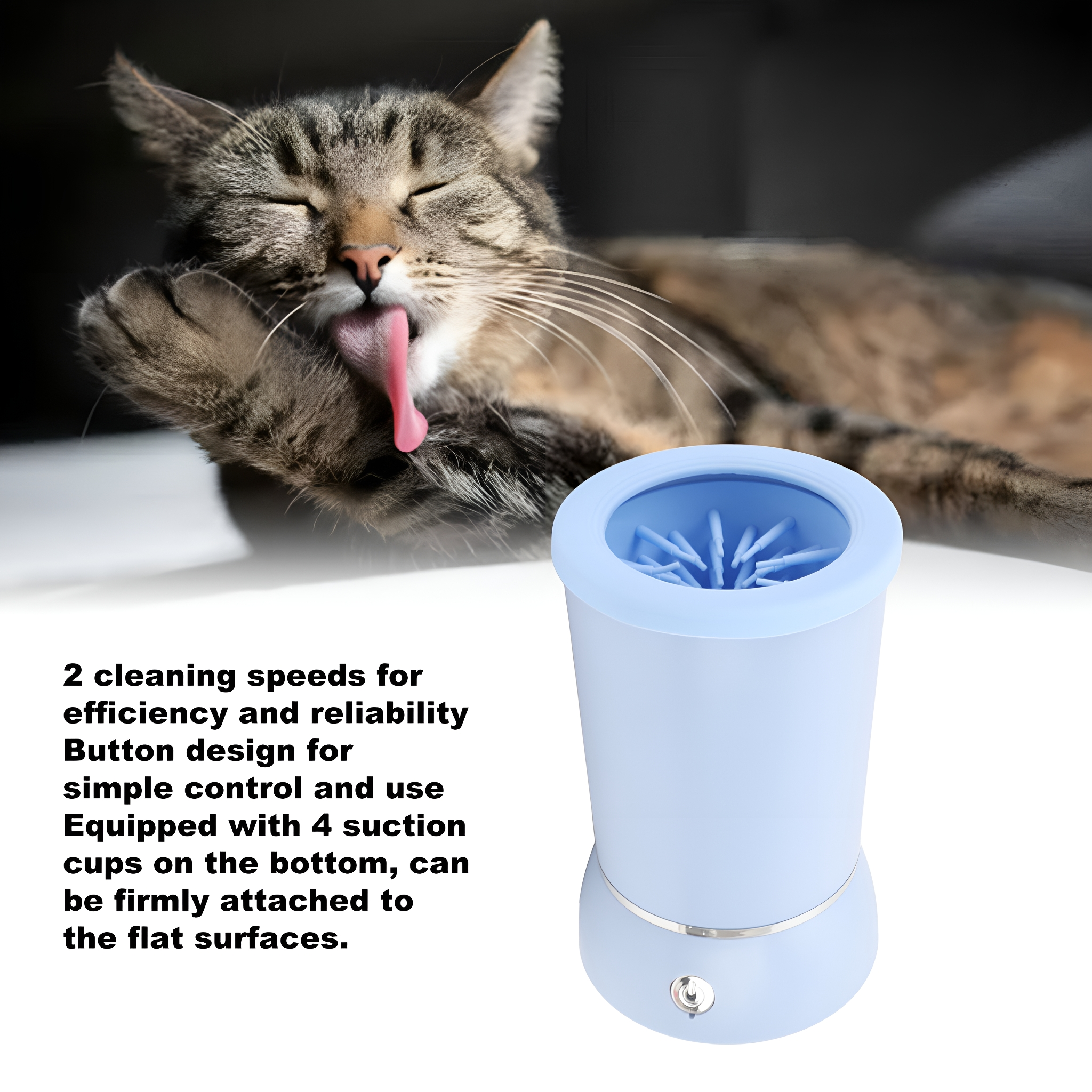 Katze leckt Pfote neben blauem Pfotenreiniger mit Reinigungsanweisungen.