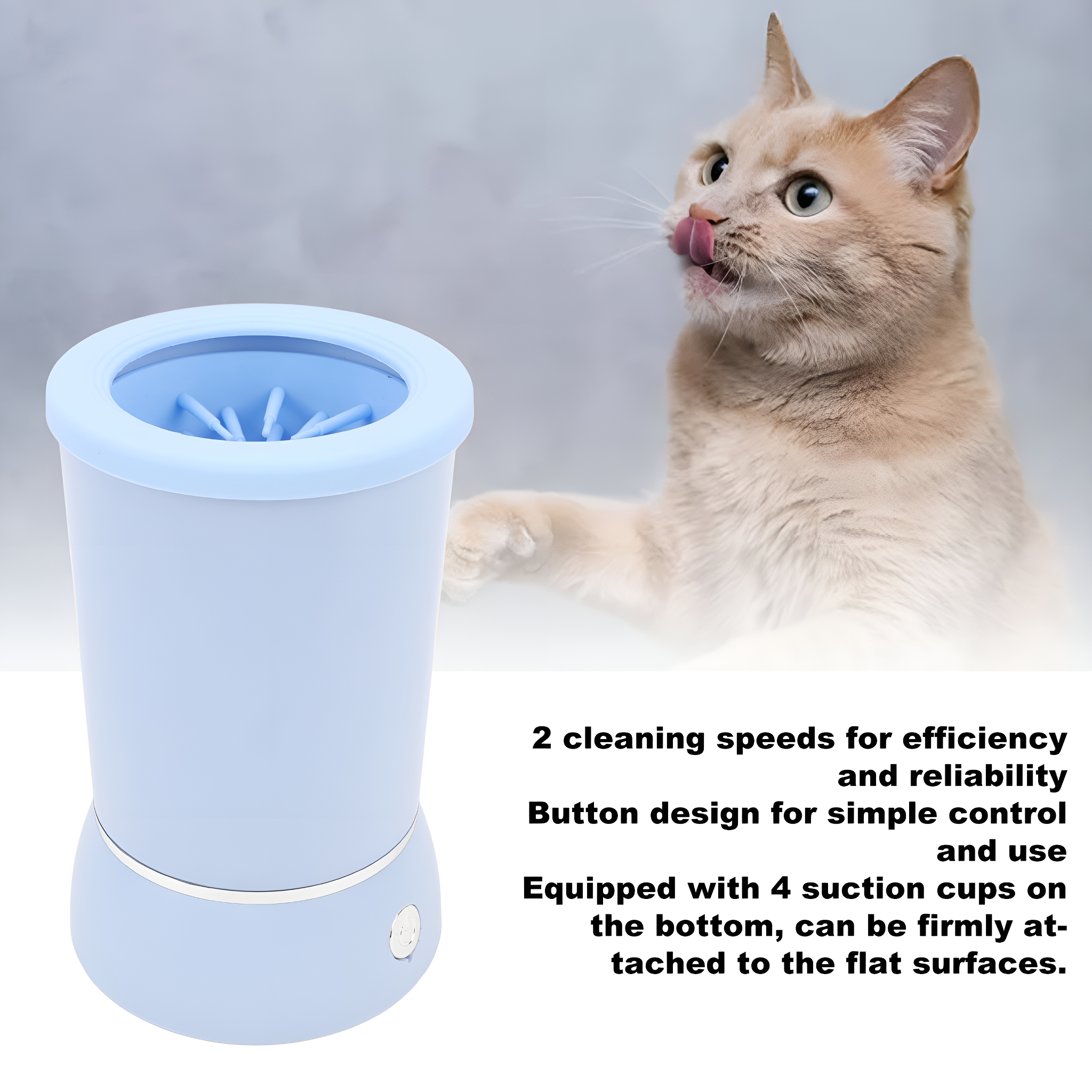 Katze leckt sich die Nase, mit einem blauen Pfotenreiniger und Textbeschreibung.