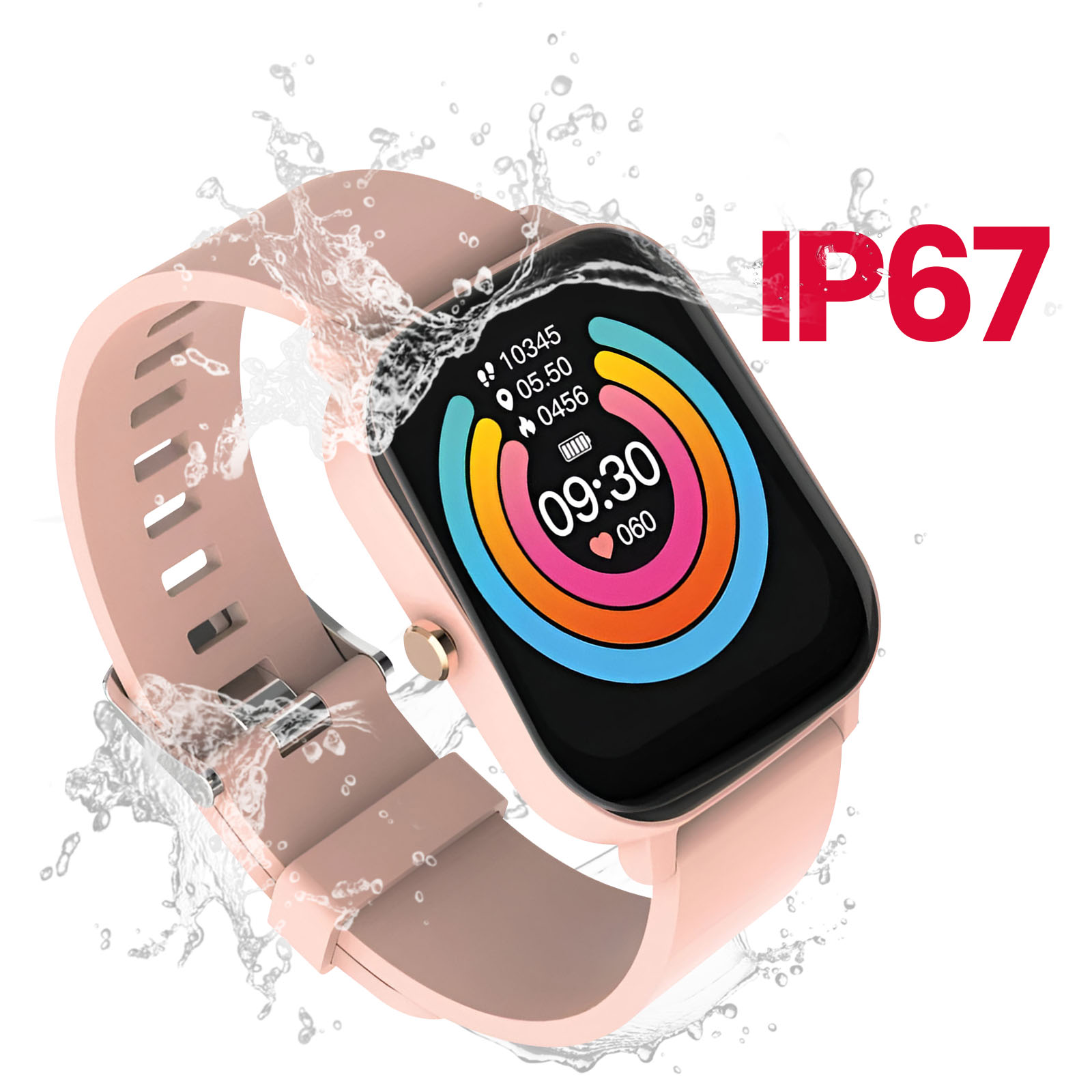 Różowy smartwatch z różowym paskiem, z wodą rozpryskującą się wokół niego.