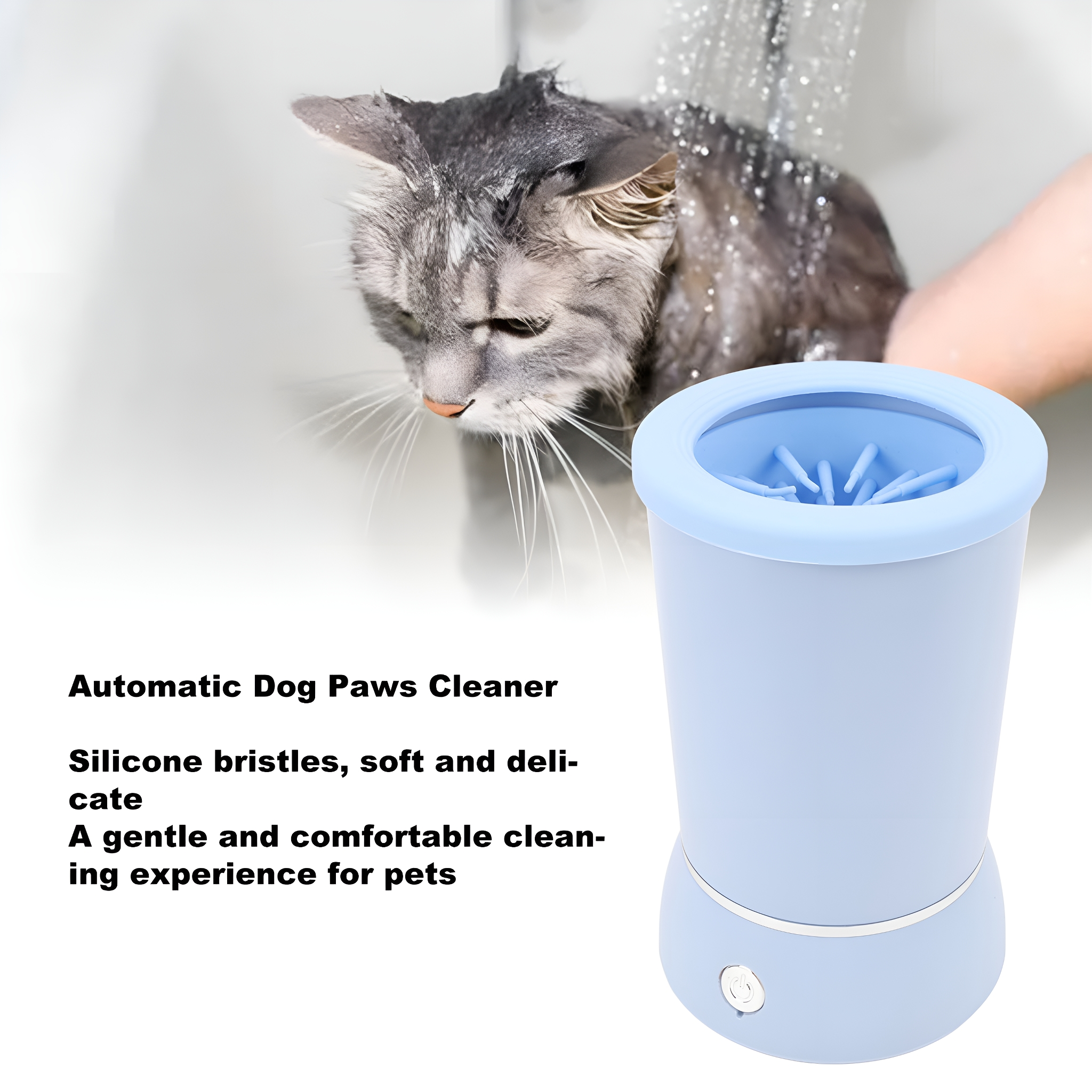 Eine Katze wird in einem blauen Tierpfotenreiniger gereinigt. Text beschreibt Funktionen.