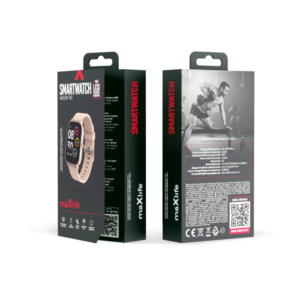 Opakowanie smartwatcha, pokazujące tarczę zegarka i funkcje. Pudełko jest biało-czerwone z tekstem i grafiką.