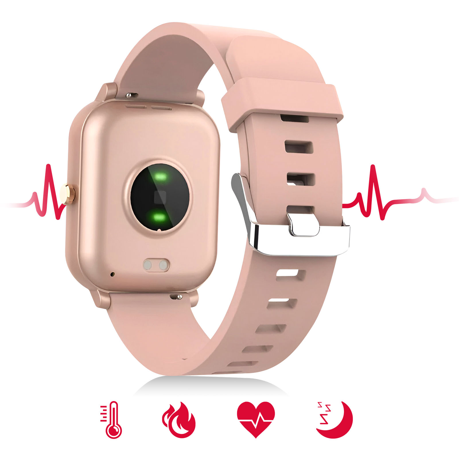 Różowy smartwatch z różowym paskiem. Pokazuje tętno i inne ikony zdrowia. Białe tło.