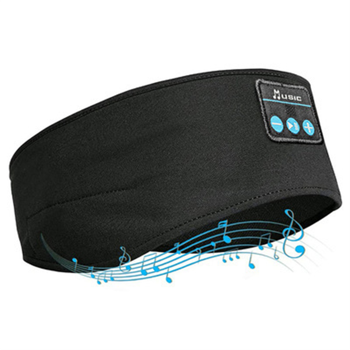 Schwarzes Stirnband mit Musiksteuerung. Blaue Noten gehen aus.