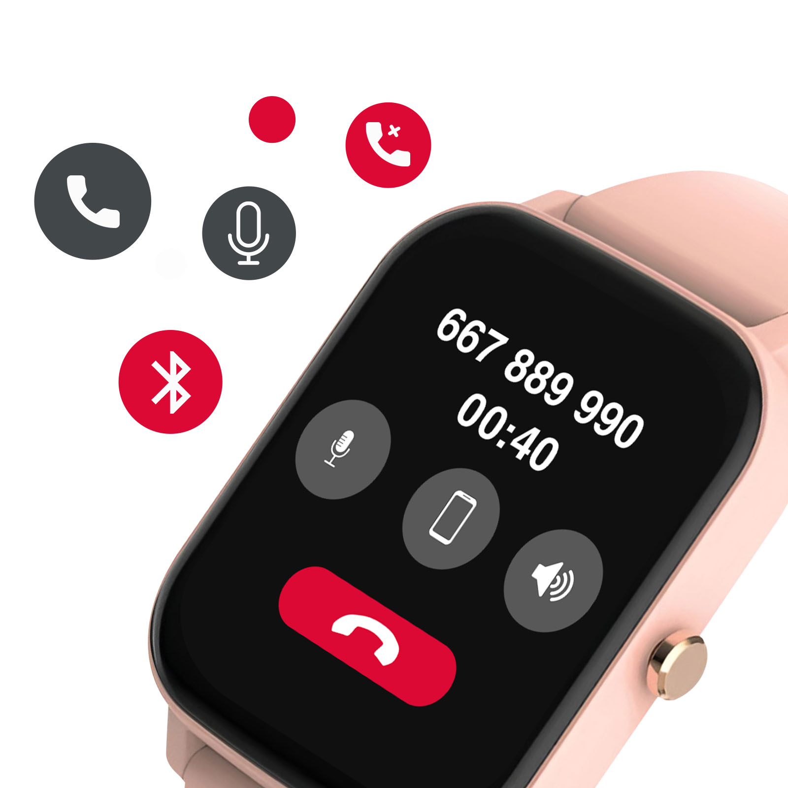 Różowy smartwatch wyświetla interfejs połączenia telefonicznego z ikonami połączenia, mikrofonu i głośnika.