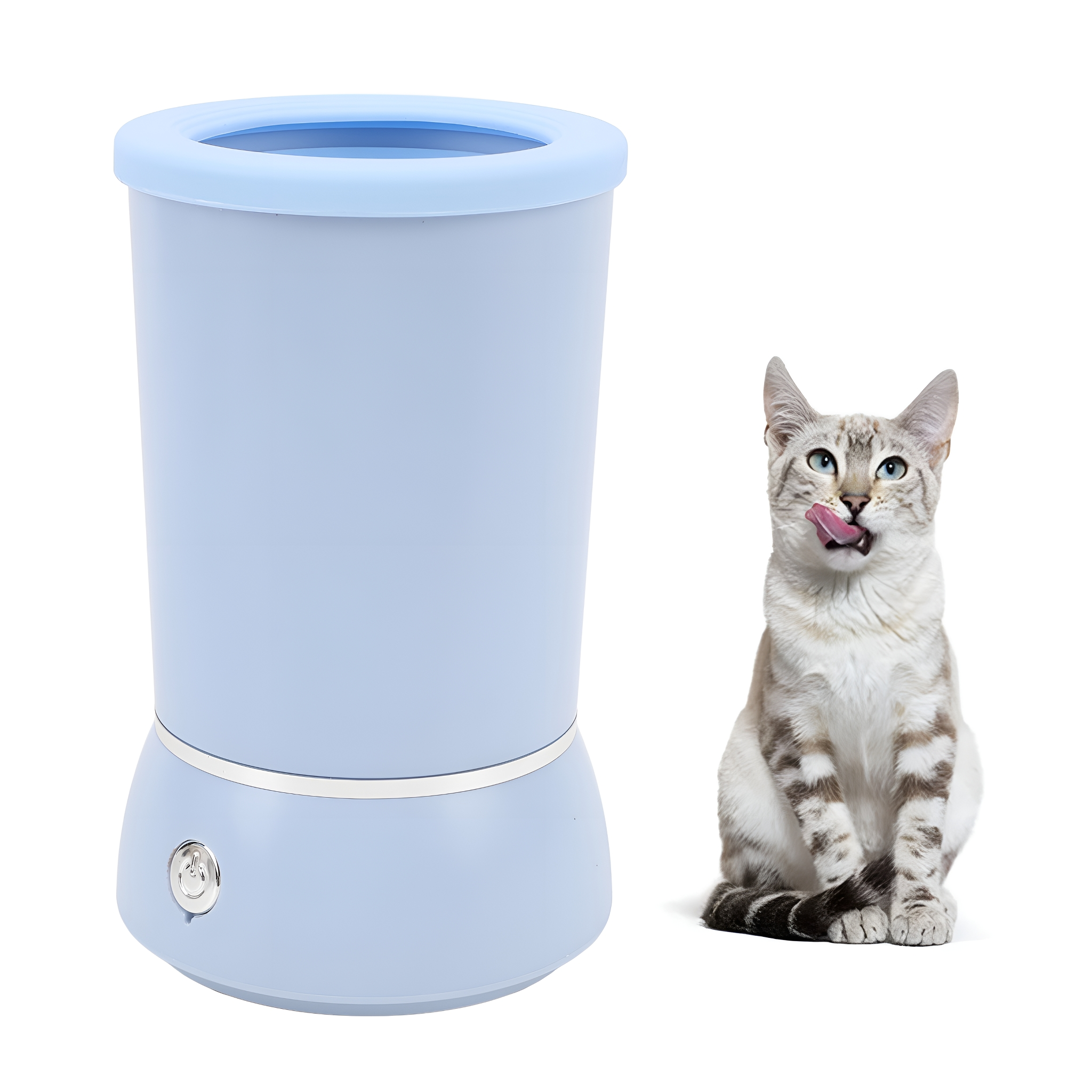 Ein blauer Tierfutterspender neben einer Katze. Die Katze leckt sich die Lippen.