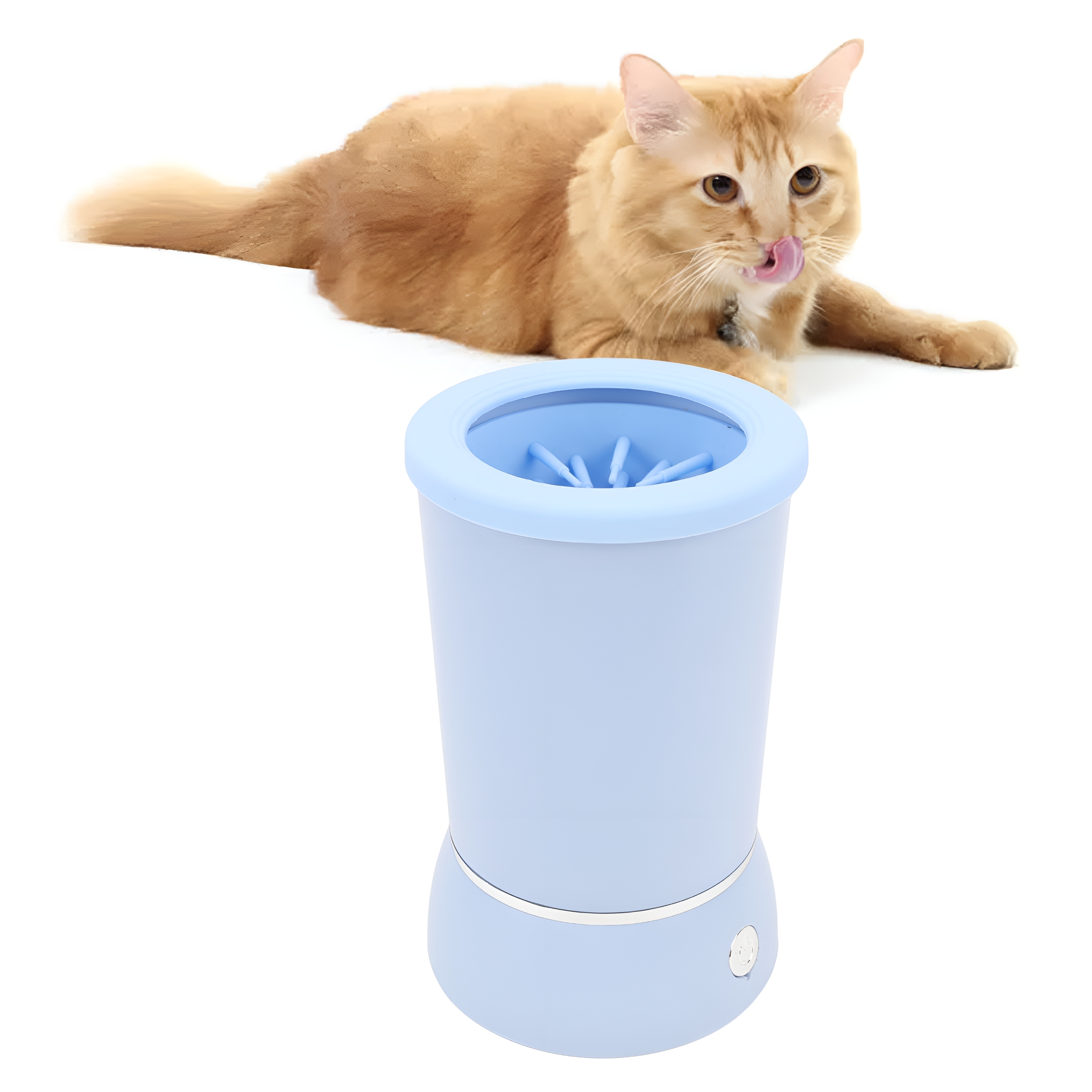Eine Katze liegt über einem blauen Pfotenreiniger für Haustiere. Die Katze leckt sich das Maul.