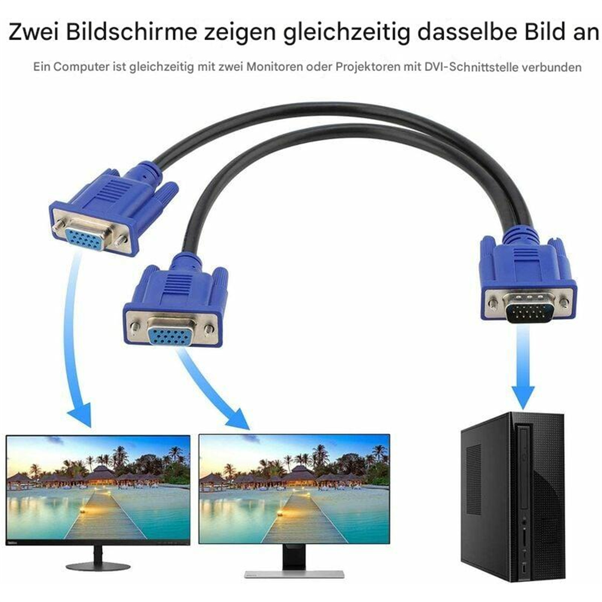 Bild zeigt zwei Monitore, die über blaue VGA-Kabel mit einem Computer verbunden sind.