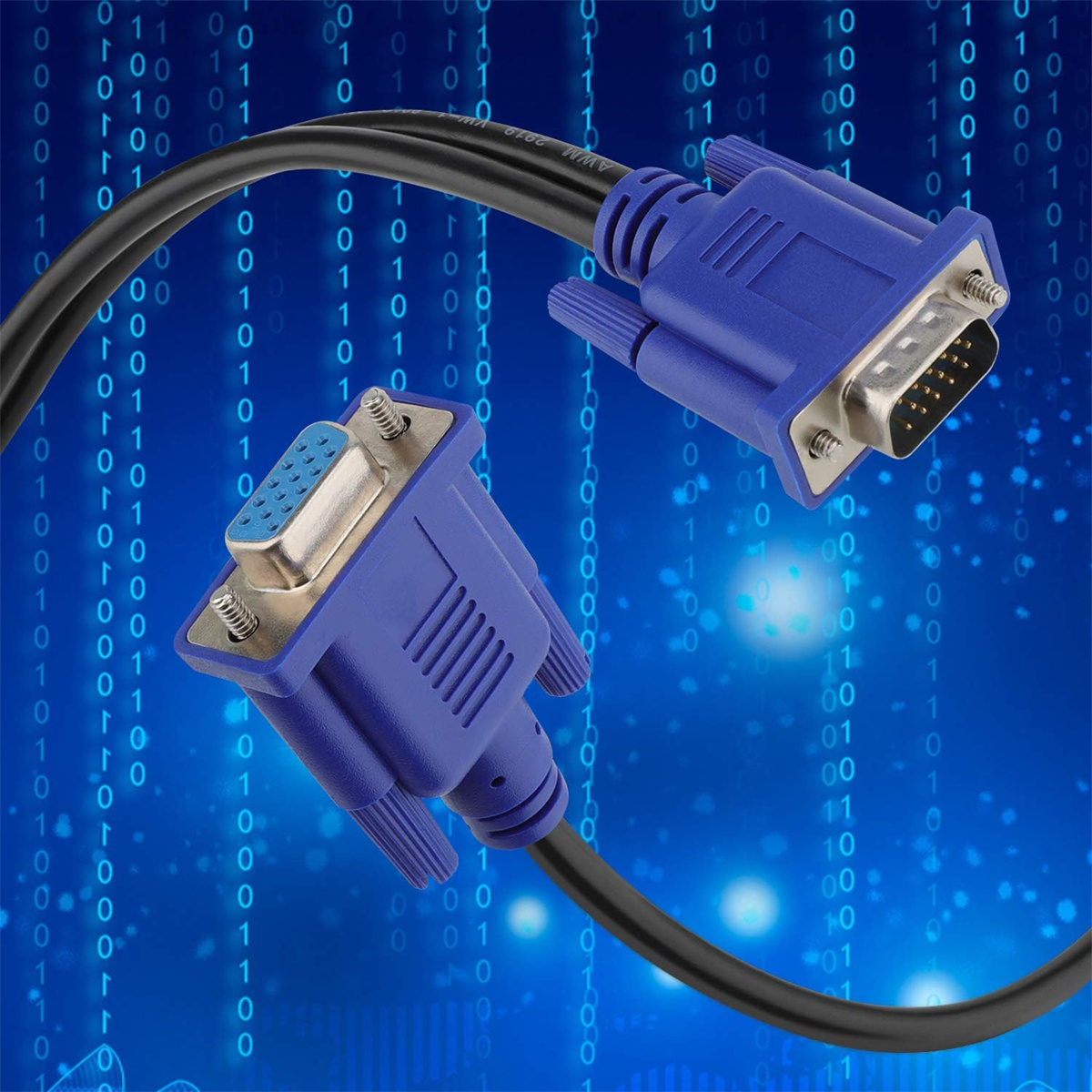 Zwei blaue VGA-Kabel vor blauem Hintergrund mit Binärcode.