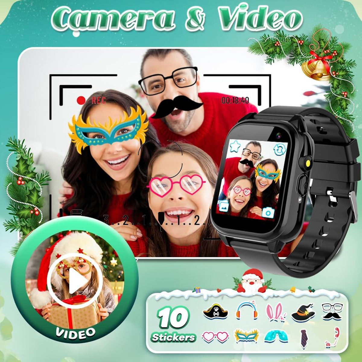 Eine Familie posiert vor einer Kamera. Eine Smartwatch wird rechts angezeigt.