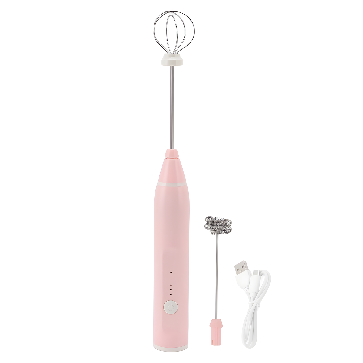 Rosa elektrischer Milchaufschäumer mit zwei Schneebesen und USB-Ladekabel.