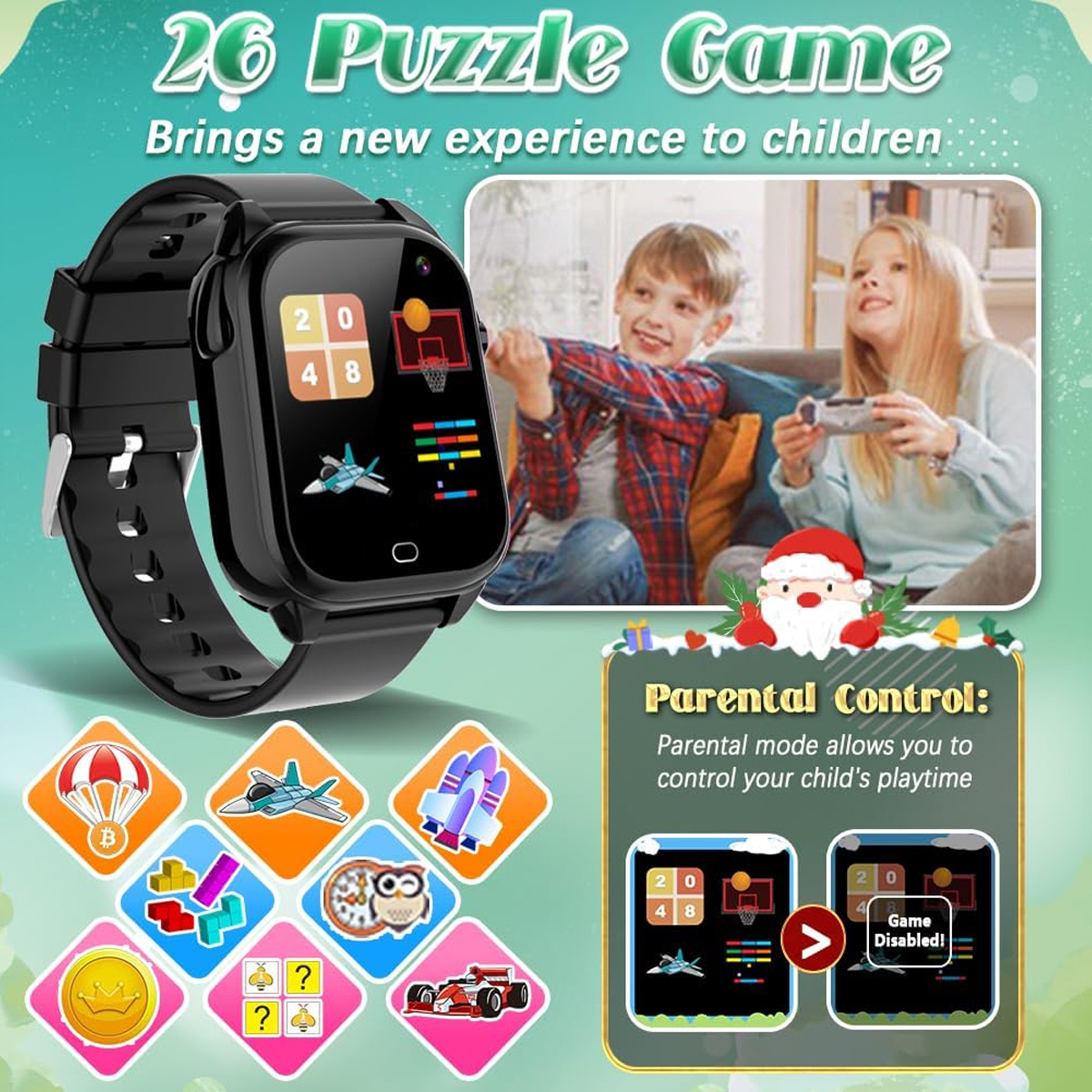 Schwarze Smartwatch mit Spieloberfläche. Zwei Kinder im Hintergrund, die lächeln und die Uhr ansehen.