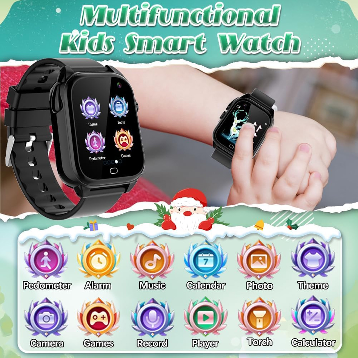 Eine schwarze Kinder-Smartwatch mit mehreren App-Symbolen.