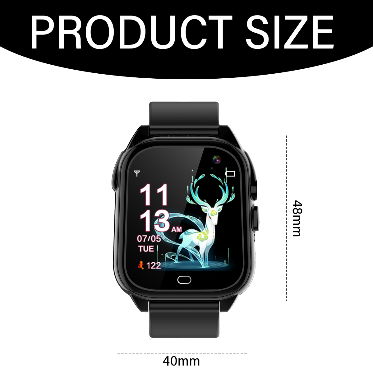 Schwarze Smartwatch mit Produktdetails. Zeigt Zeit und ein Hirschsymbol auf dem Bildschirm.