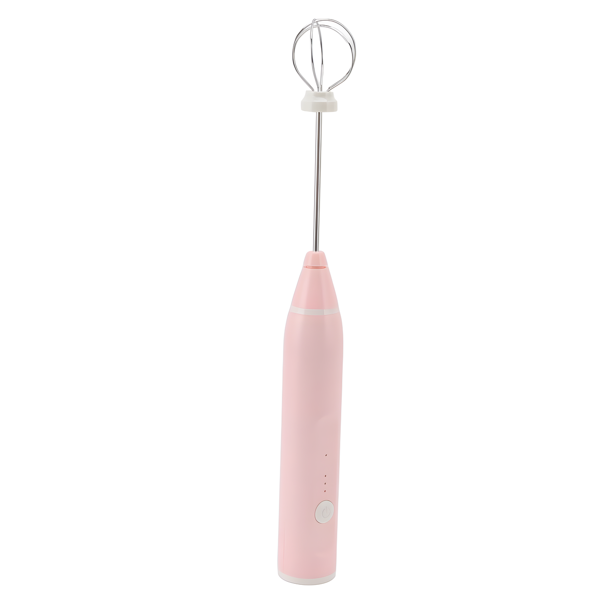 Ein rosa Milchaufschäumer für die Hand. Er hat einen rosa Körper und einen silbernen Schneebesen oben.