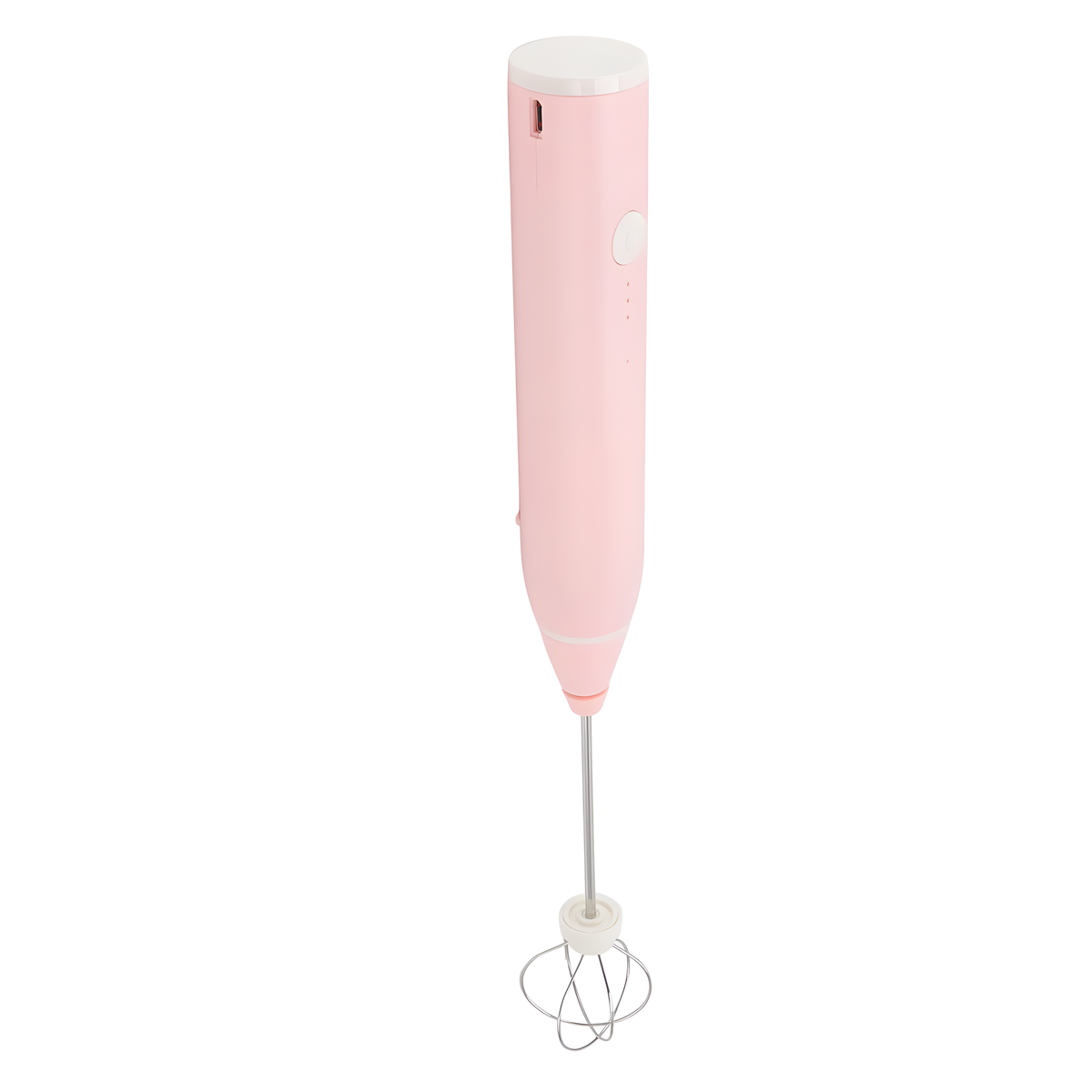 Rosa Handmixer. Weißer Hintergrund. Das Werkzeug ist rosa. Der Schneebesen ist silber.