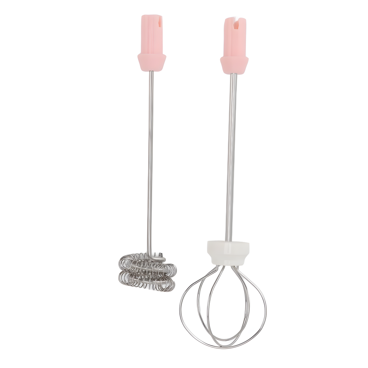Zwei rosa und silberne Handquirl. Einer mit einem Spiralschneebesen und der andere mit einem Schlaufenschneebesen.