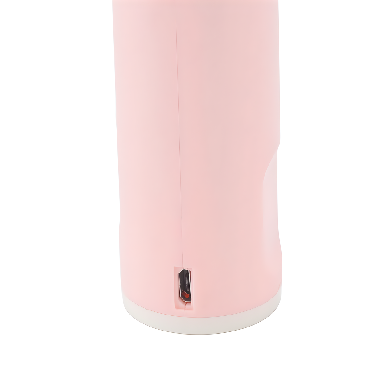 Zylindrisches Objekt in Rosa mit USB-Anschluss unten. Weißer Sockel.