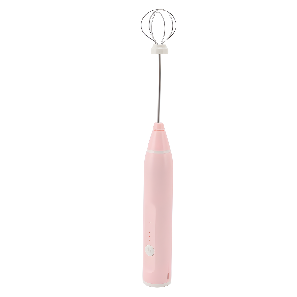 Rosa Handmilchaufschäumer mit silbernem Schneebesen und weißem Power-Knopf.