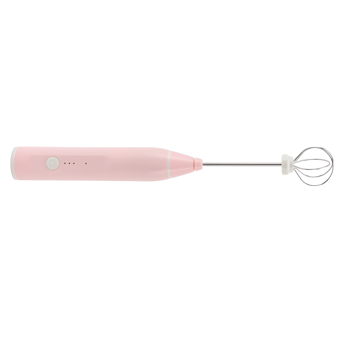 Ein rosa, tragbarer elektrischer Mixer mit Schneebesenaufsatz und Ein-Aus-Schalter.