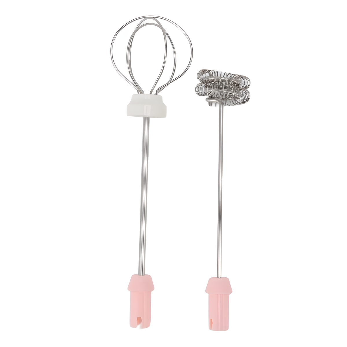 Zwei Milchaufschäumer aus Edelstahl mit rosa Griffen, einer mit Schneebesen, der andere mit Spirale.