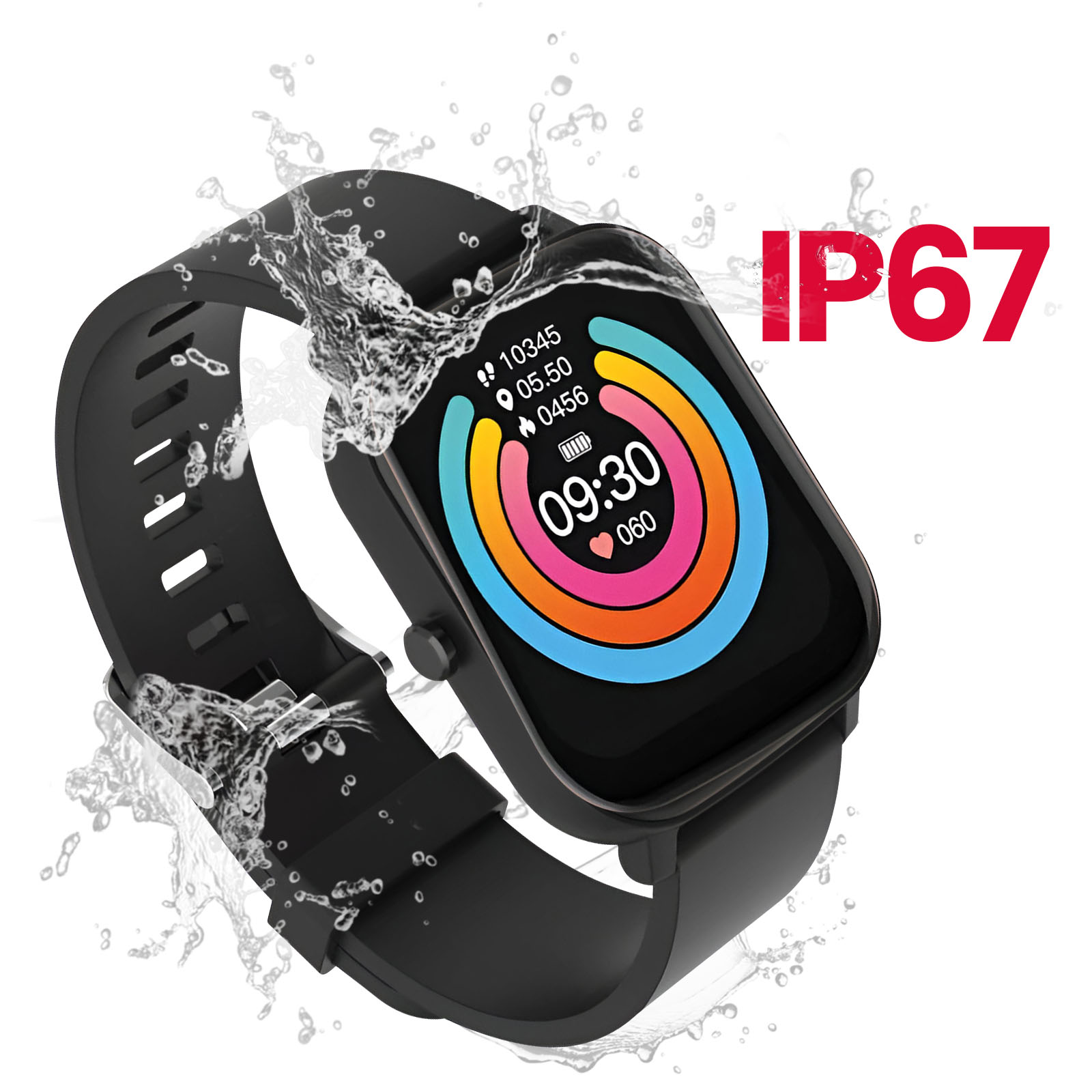 Czarny smartwatch, pokazujący czas i dane. Jest wodoodporny, IP67.