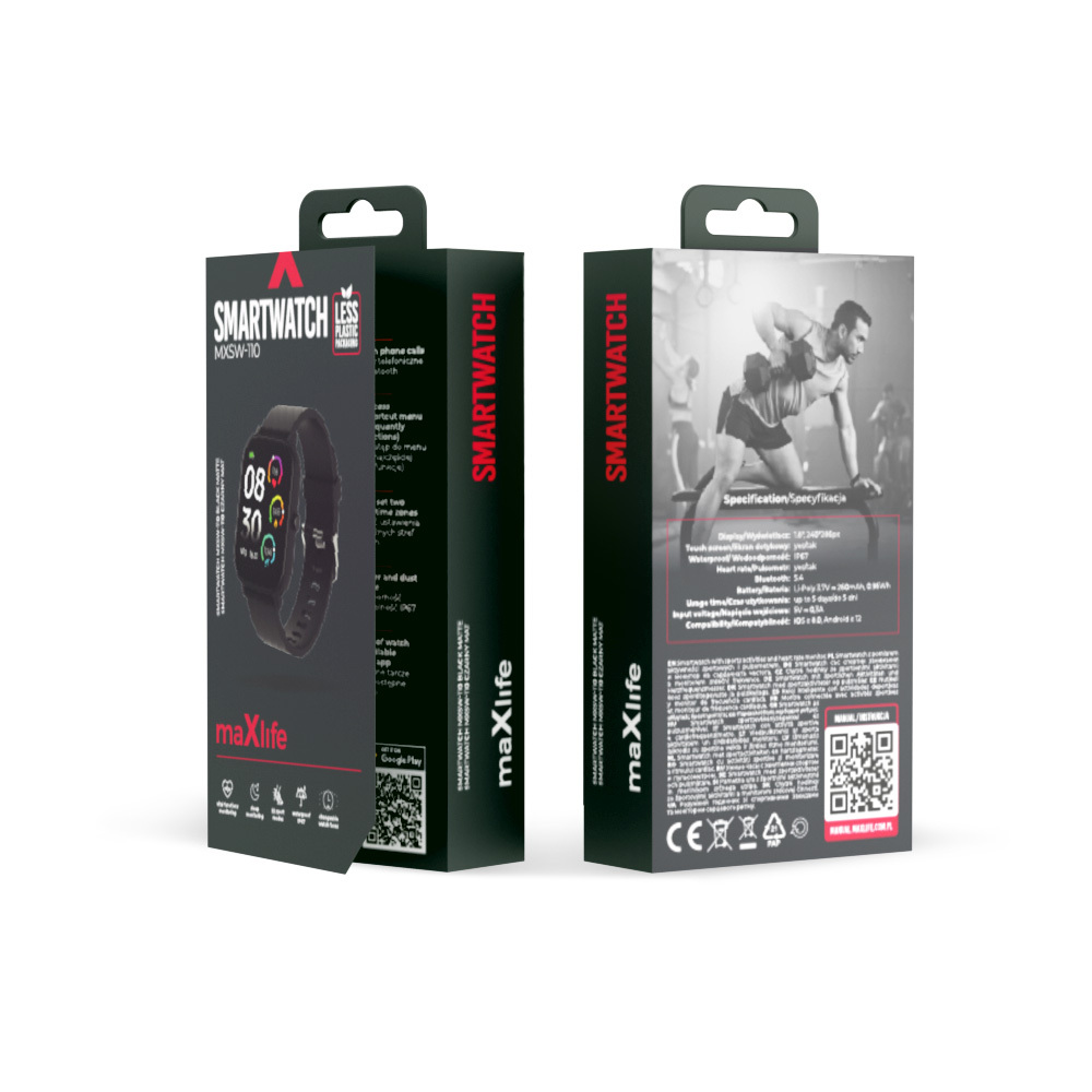 Pudełko smartwatch z obrazem zegarka i specyfikacjami z tyłu.