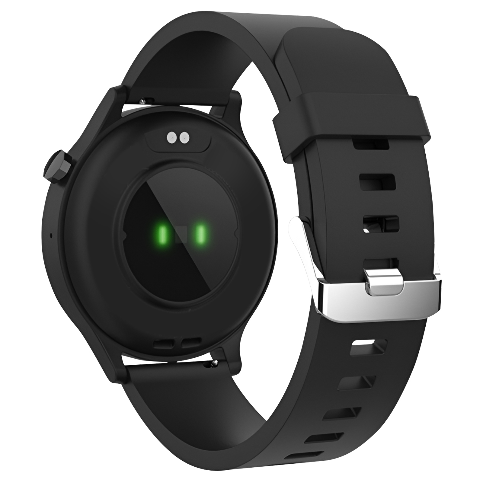 Czarny smartwatch. Tył pokazuje zielone czujniki tętna. Czarny pasek ze srebrną sprzączką.