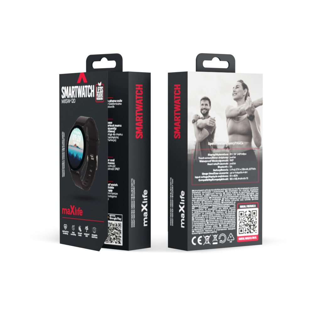 Dwa pudełka czarnego smartwatcha. Jeden pokazuje zegarek na ekranie, drugi osobę ćwiczącą.