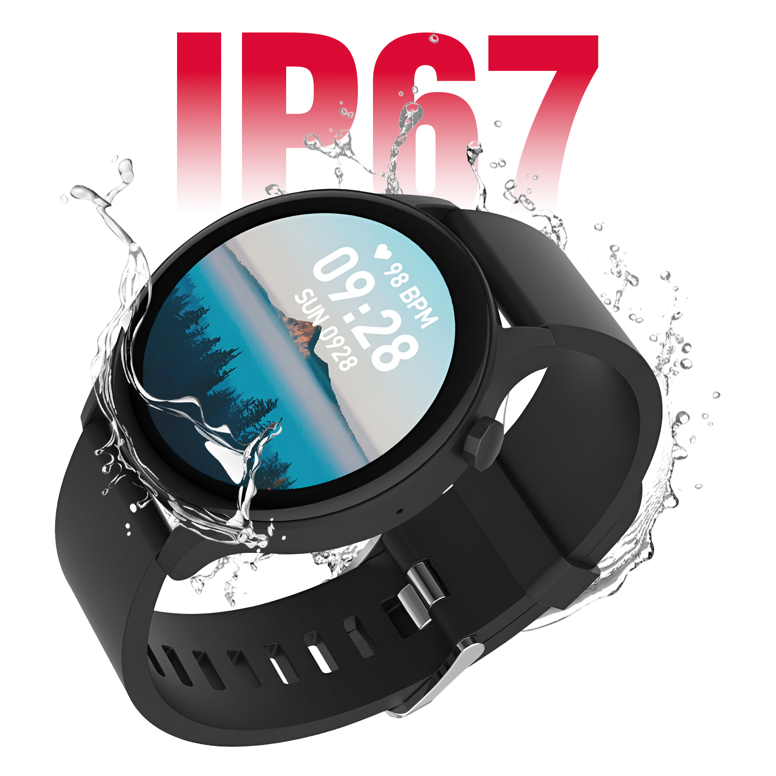 Czarny smartwatch z rozpryskami wody. Ekran wyświetla godzinę i tętno.