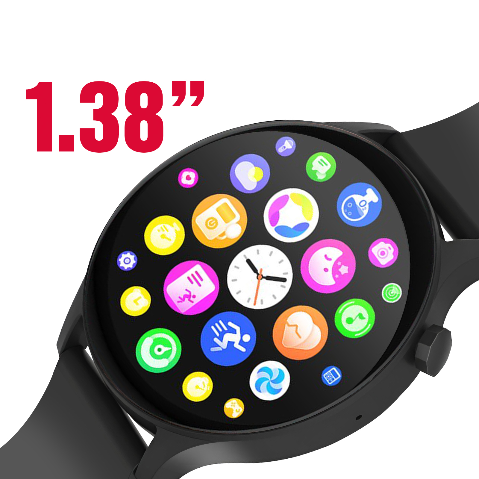 Czarny smartwatch z kolorowymi ikonami na ekranie. Tekst brzmi 1.38".