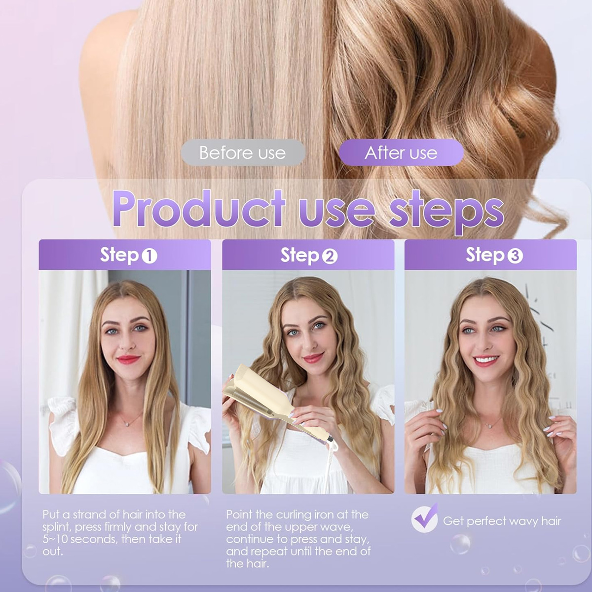 Das Haar einer Frau, vor und nach dem Locken mit einem Werkzeug, mit angezeigten Produktschritten.