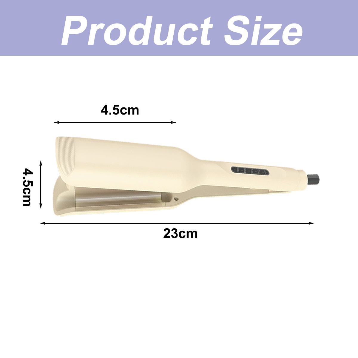 Ein Haarglätter mit Maßen: 4,5 cm x 4,5 cm x 23 cm. Beige Farbe.