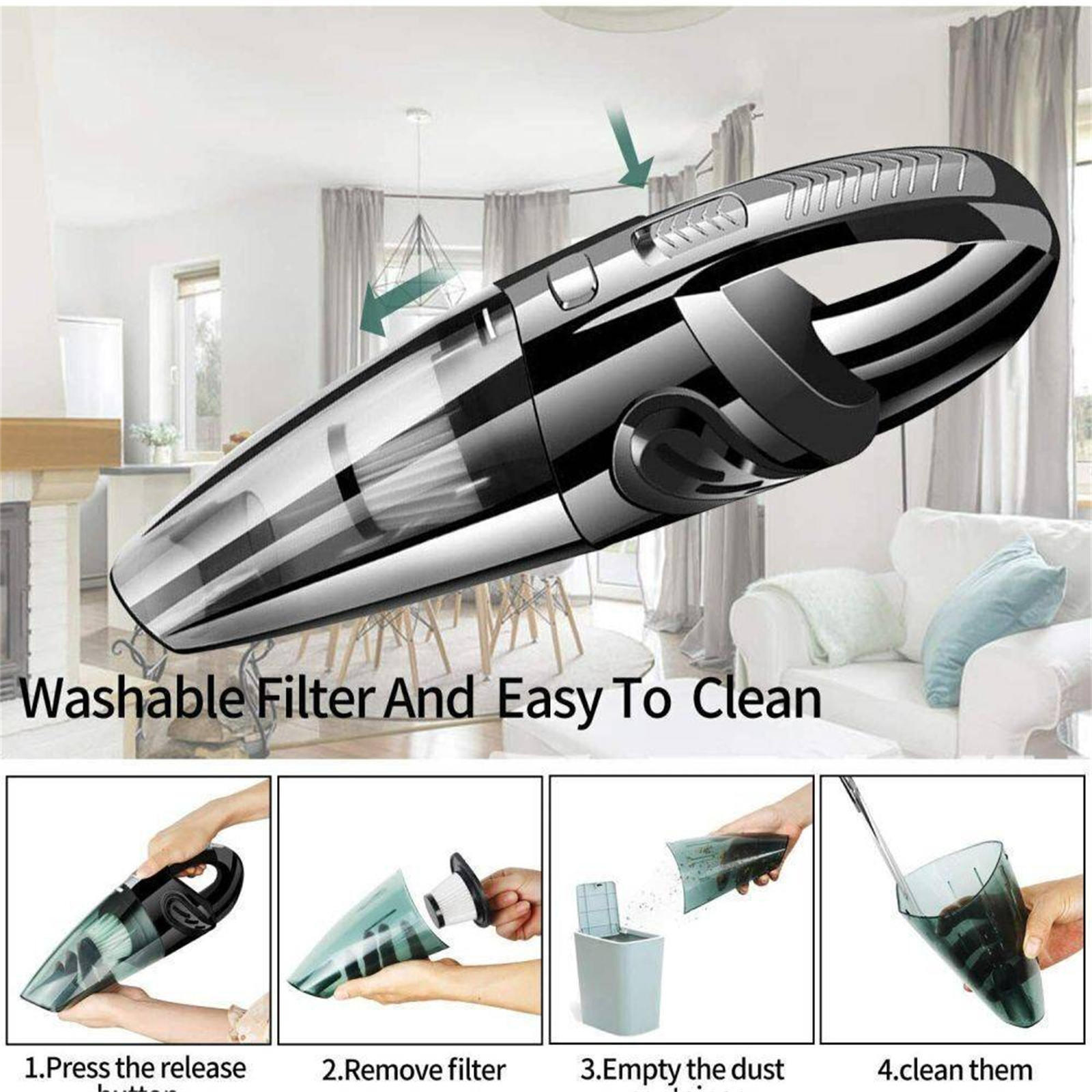 Handstaubsauger mit Schritten zum Herausnehmen und Reinigen des Filters, beschriftet 'Washable Filter'.