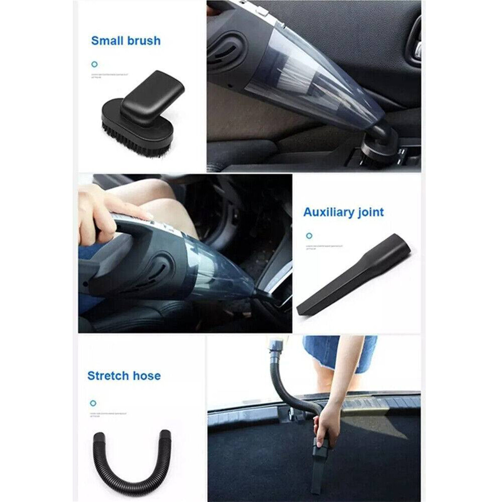 Staubsaugerteile: Bürste, Düse, Zusatzgelenk und Dehnschlauch. Verwendung im Auto.