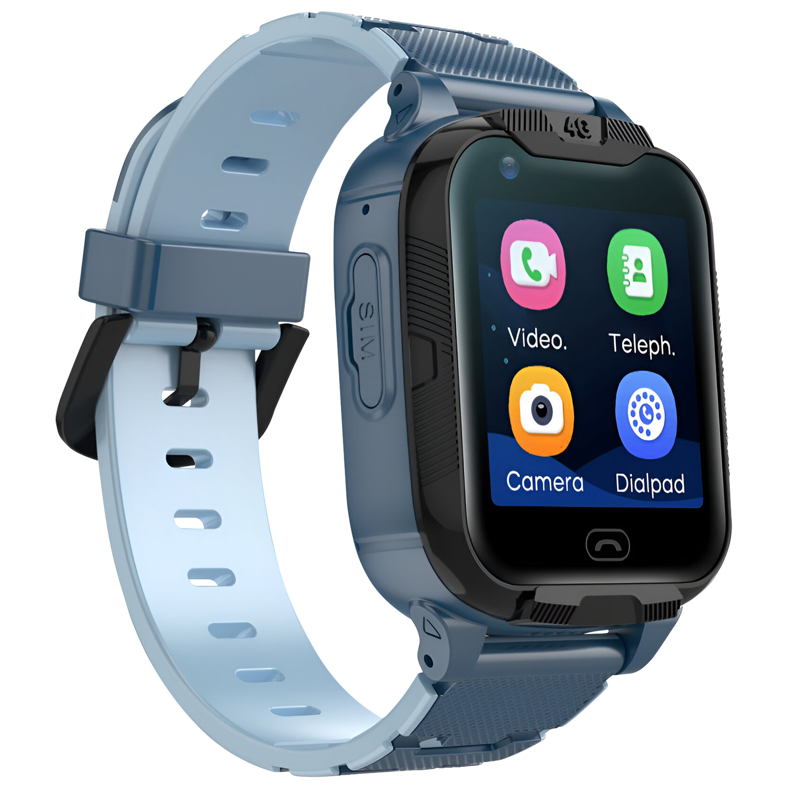 Niebieski smartwatch z ekranem dotykowym. Wyświetla ikony wideo, aparatu, klawiatury i telefonu.