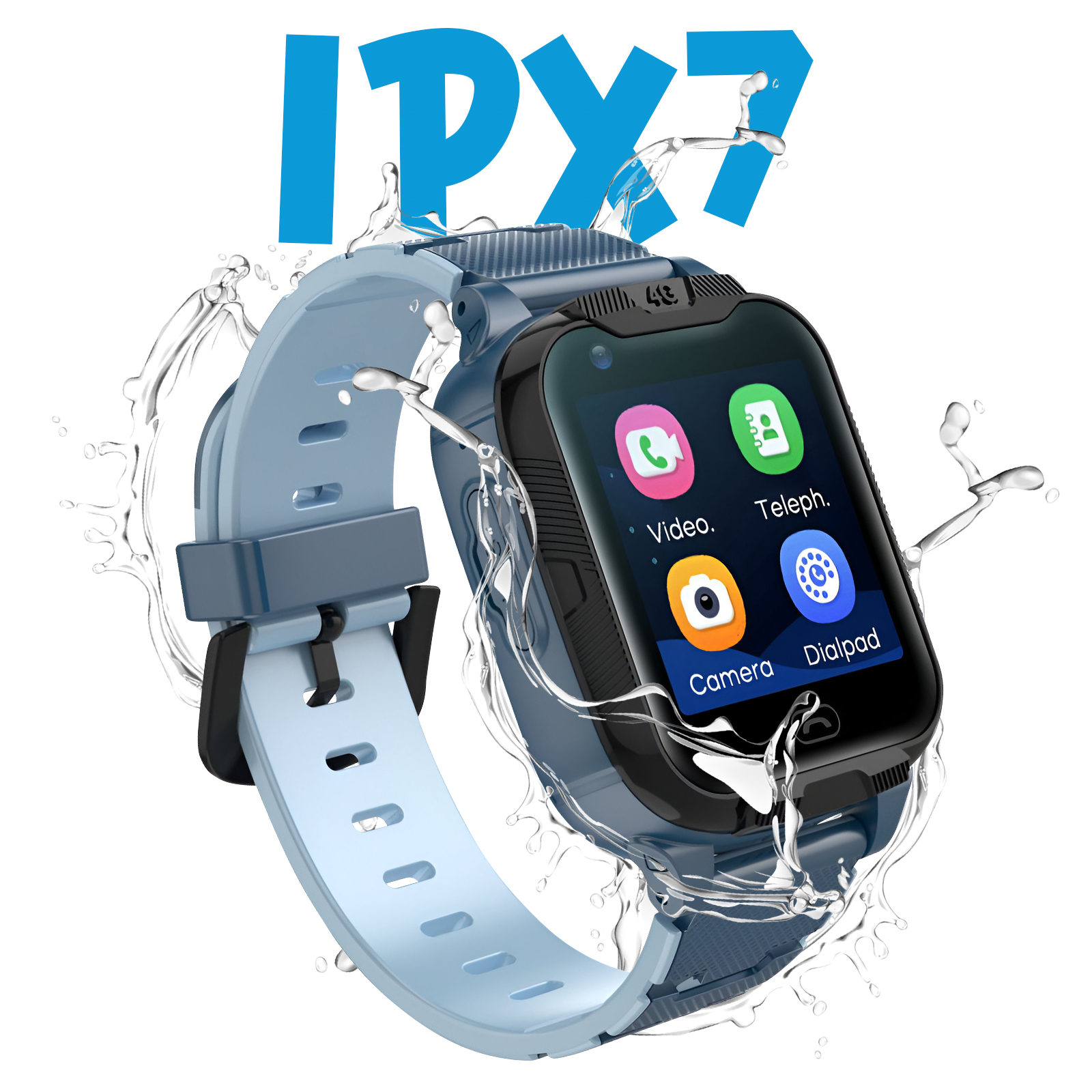 Niebieski smartwatch dla dzieci z chlapiącą wodą, ikonami aplikacji. Tekst IPX7.