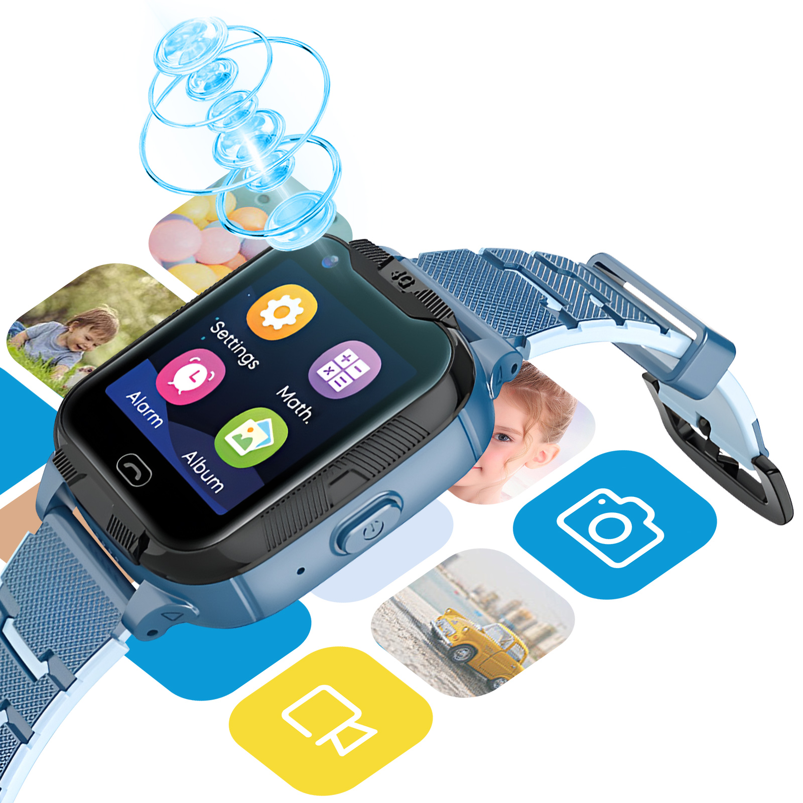 Niebieski smartwatch z ikonami i obrazami na ekranie.