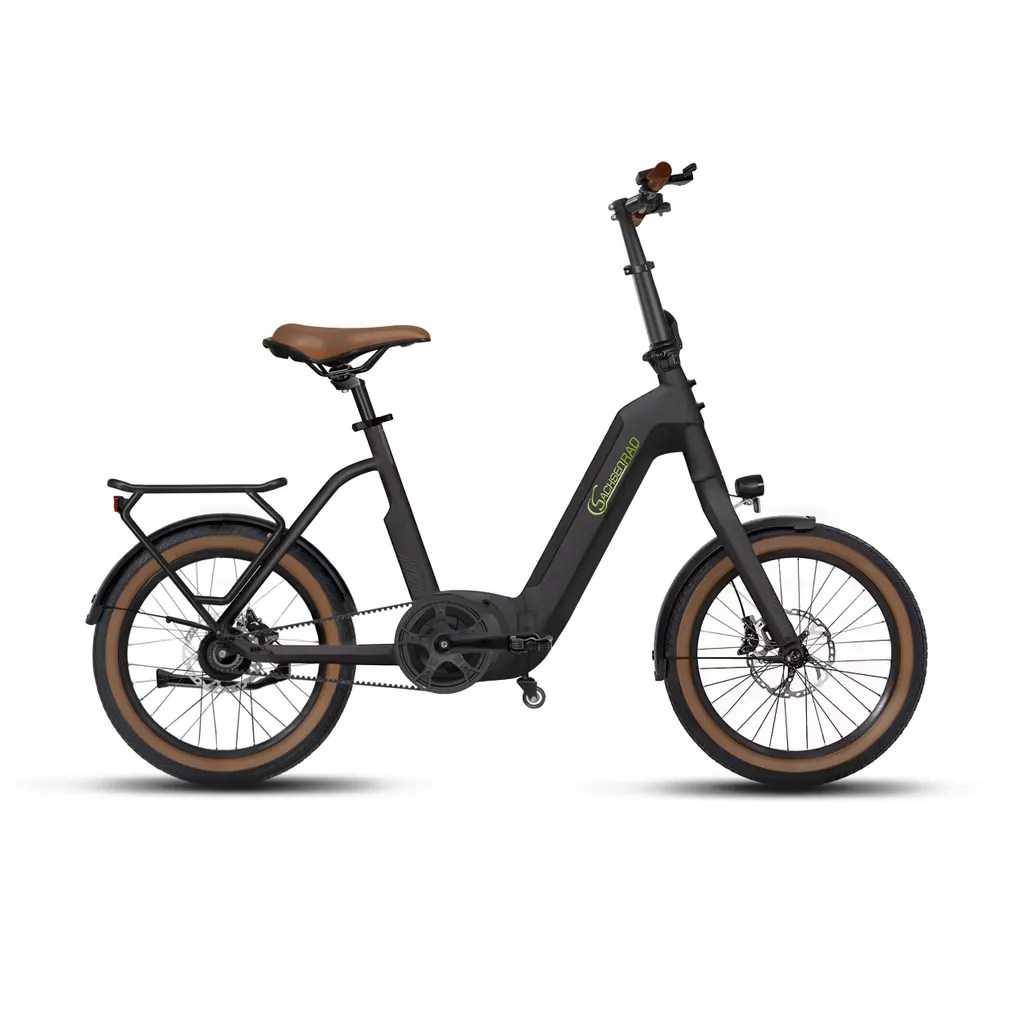 Schwarzes Elektrofahrrad mit braunem Sitz und Reifen. Es hat einen schwarzen Rahmen und ein grünes Logo.