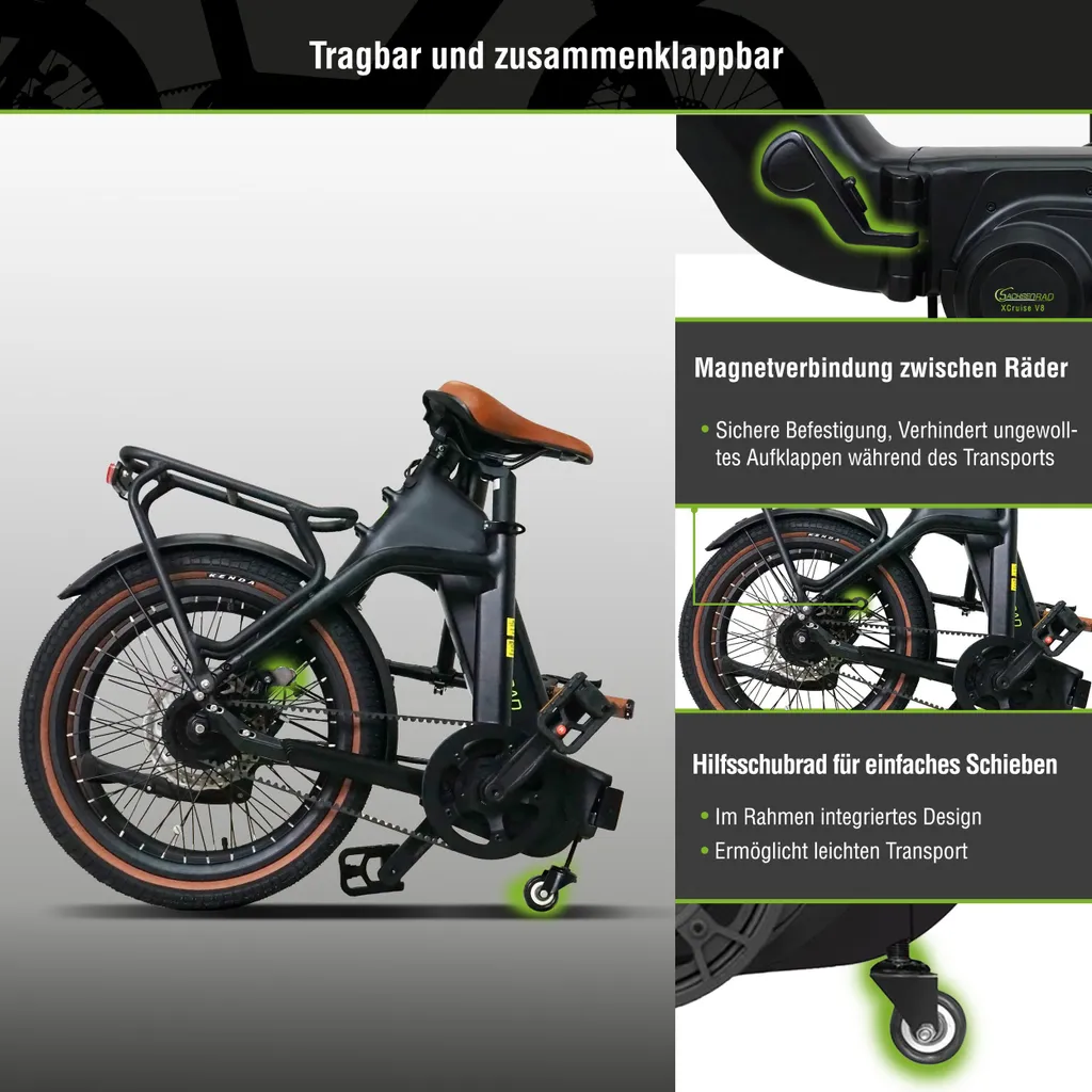 Ein schwarzes, zusammenklappbares Fahrrad mit braunem Sitz. Das Bild enthält Nahaufnahmen von Merkmalen, wie den Rädern.
