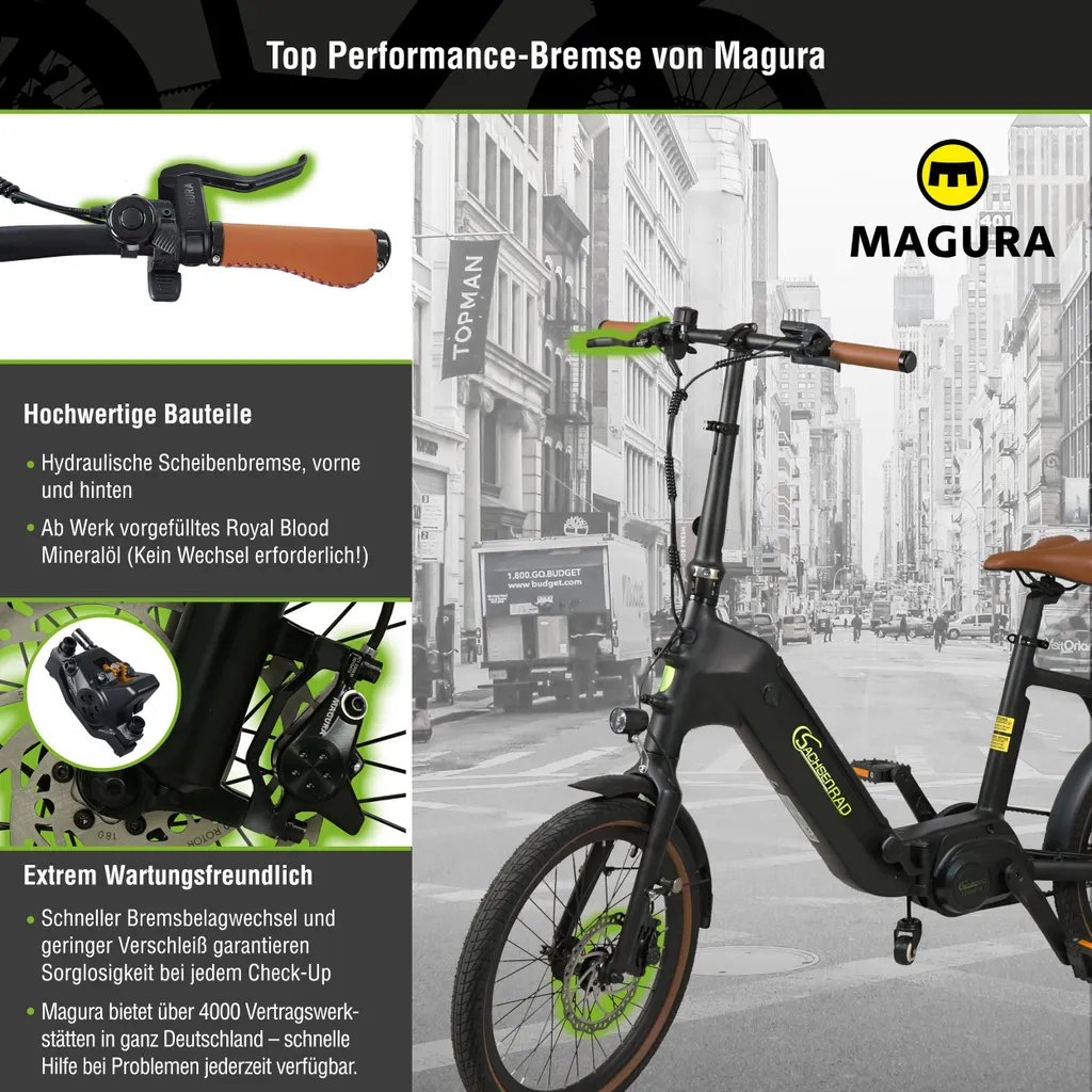 Schwarzes und braunes Fahrrad mit Magura-Logo und Stadt Hintergrund mit grüner Linie.
