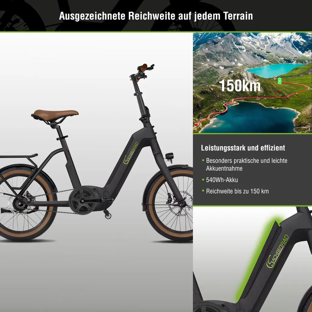Schwarzes E-Bike mit braunem Sitz und Reifen, Berglandschaft im Hintergrund, Text über Reichweite und Leistung.
