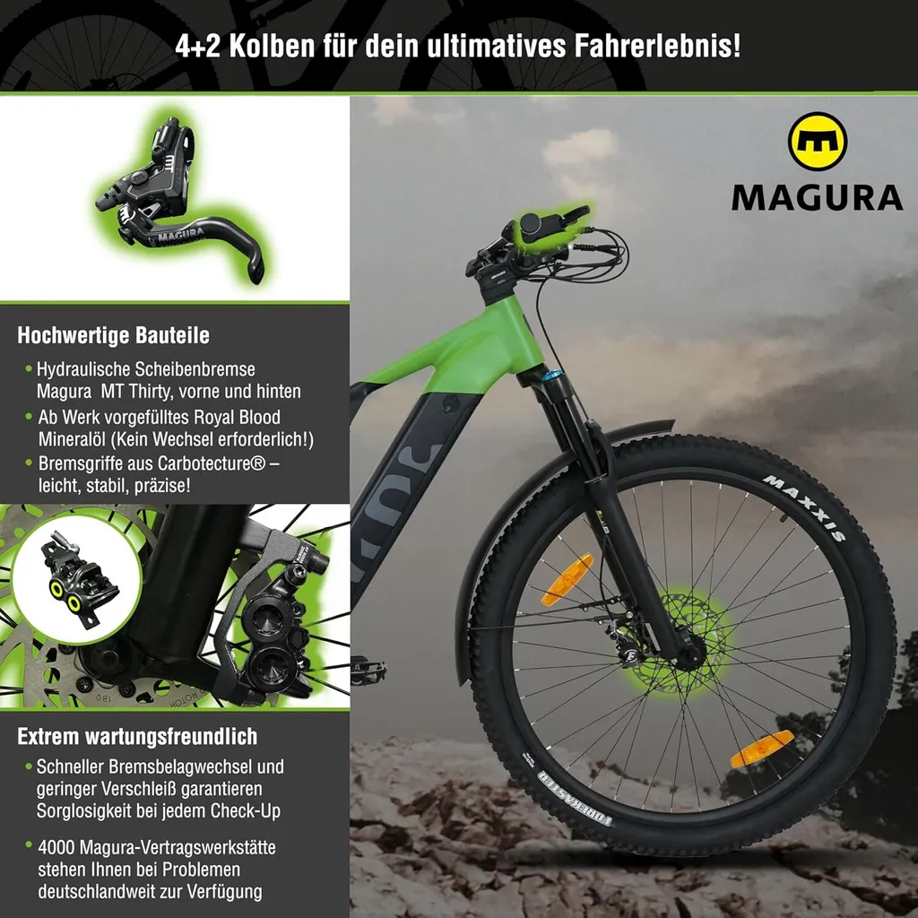 Ein grünes und schwarzes Mountainbike mit Magura-Komponenten, detailliert in einem Diagramm.