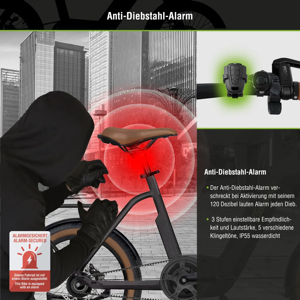Fahrrad mit Diebstahlalarm. Ein Dieb versucht, es zu stehlen, der Alarm wird ausgelöst.