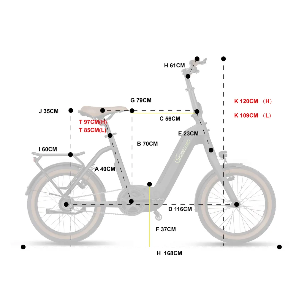 Diagramm eines E-Bikes mit Maßen. Abmessungen des Fahrrads werden gezeigt.