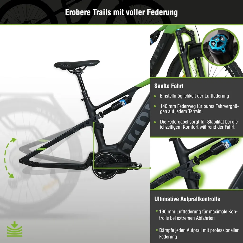 Ein Diagramm eines schwarzen Mountainbikes mit Text und Pfeilen, die Funktionen und Einstellungen anzeigen.